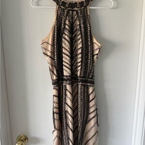 Elegant Nude Mini Dress with Black Beads & Sequins